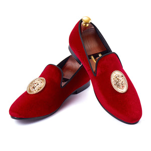 Men's Red Velvet Slip on Gold Buckle Dress Shoes Loafers 