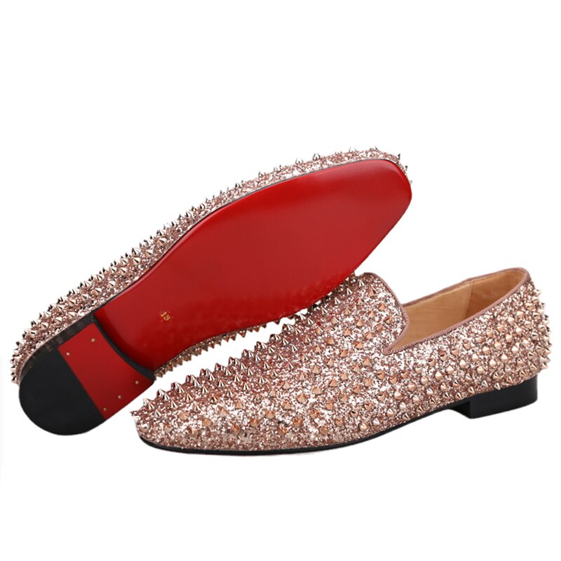 Handmade Men's Spikes Loafers Dress Shoes with Red Bottom Slip on Slippers  Flats