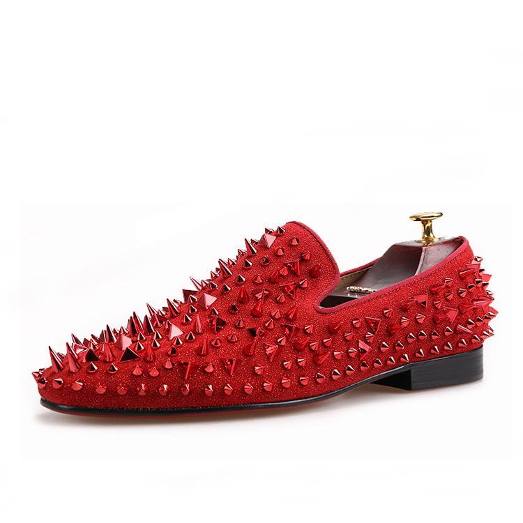Royal Shoes Black Spikes/Rhinestone Red Bottom Men's Slip-on  Dress/Prom Shoes