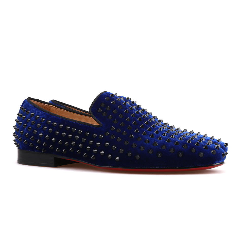 OneDrop Men Handmade Royal Blue Cow Leather Studded Dress Shoes Red Bottom Wedding Party Prom Loafers Blue / 6.5